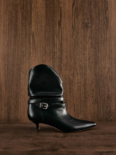 Karter Pointed-Toe Ruched Buckled Kitten-Heel Boots, Black, hi-res