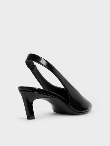 Patent Tapered Square-Toe Slingback Kitten Heels, Black Patent, hi-res