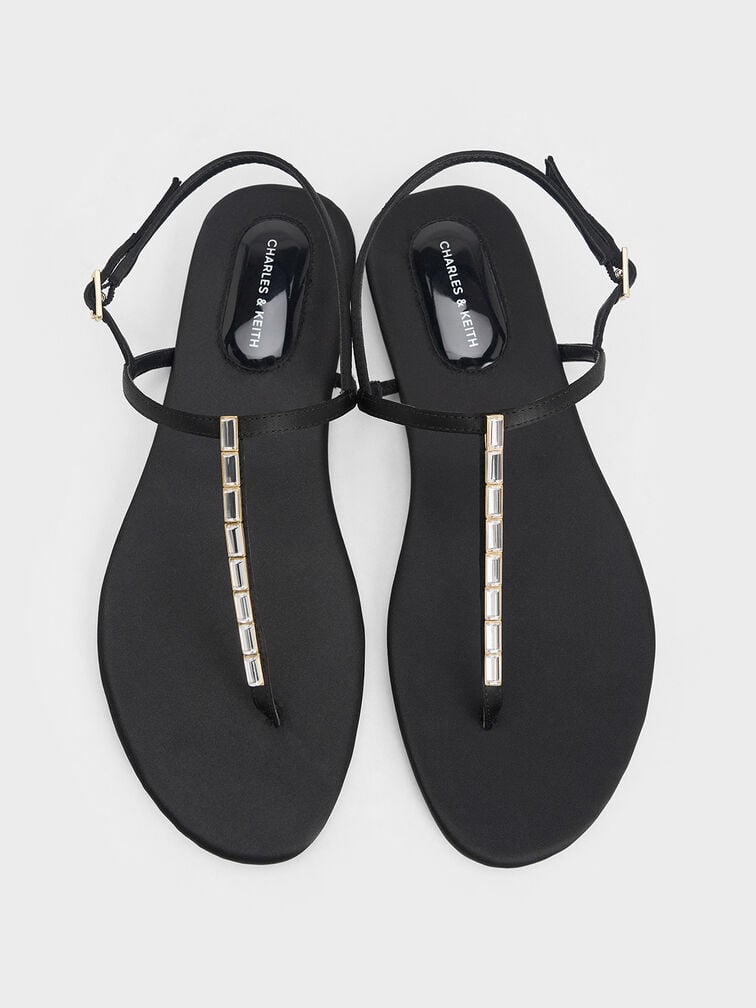 Satin Crystal-Embellished Thong Slingback Sandals, Black Textured, hi-res