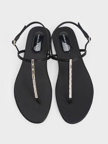 Satin Crystal-Embellished Thong Slingback Sandals, Black Textured, hi-res
