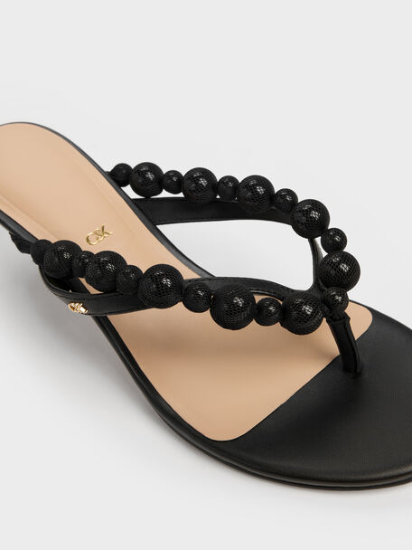 Leather Beaded Thong Kitten Heels, Black, hi-res
