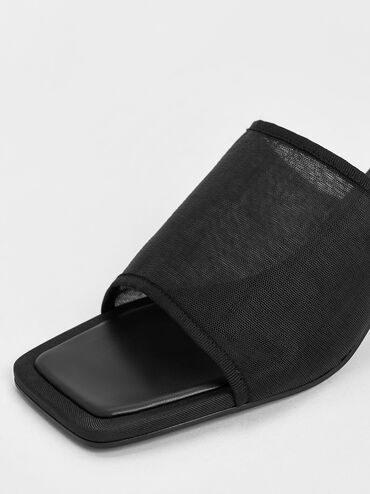 Loren Mesh Kitten-Heel Mules, Black Textured, hi-res