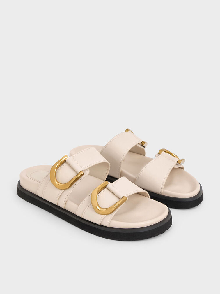 Gabine Gold-Buckle Leather Slides, Oat, hi-res