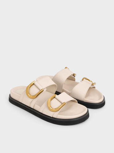 Gabine Gold-Buckle Leather Slides, Oat, hi-res