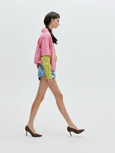 Lace & Satin Stiletto Pumps, Dark Brown Textured, hi-res