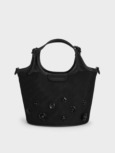 Mesh Sequin-Flower Tote Bag, Jet Black, hi-res