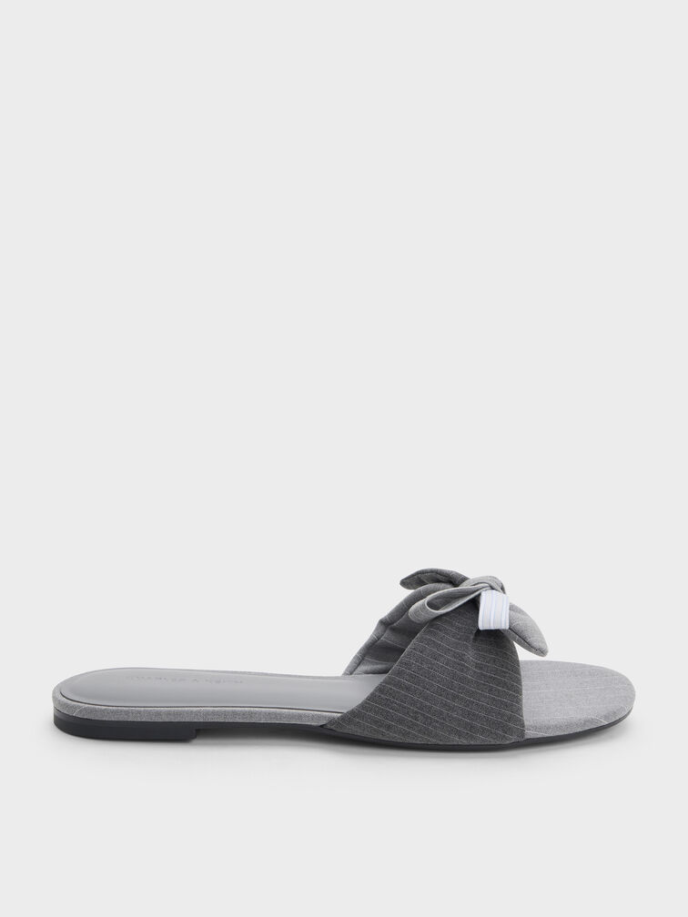 Striped Bow Slide Sandals, Grey, hi-res