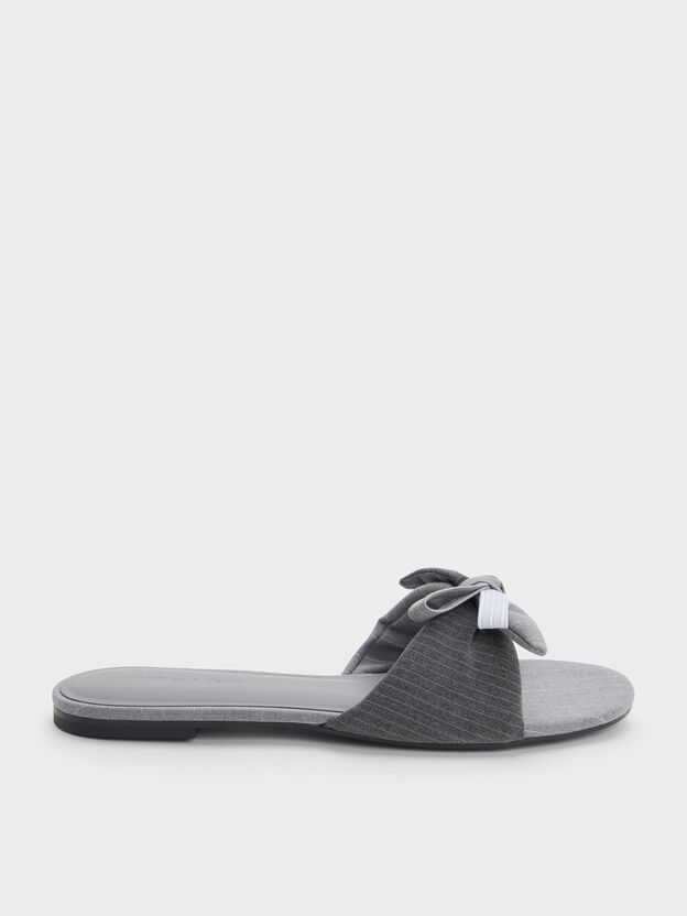 Striped Bow Slide Sandals, Grey, hi-res