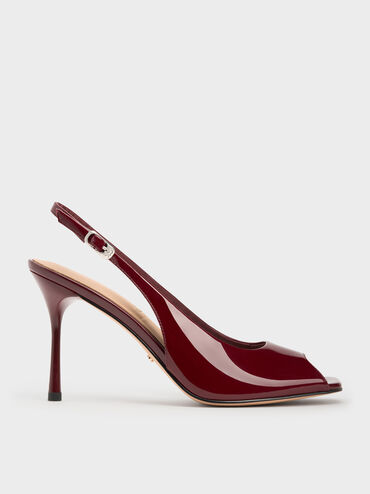 Kyra Patent Peep-Toe Slingback Heels, Burgundy, hi-res