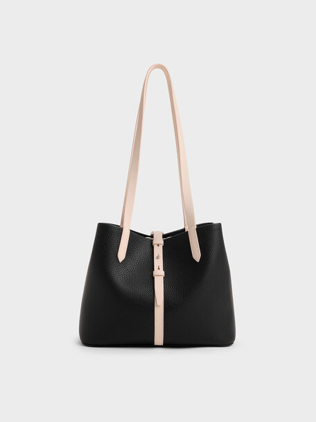 Beryl Two-Tone Belted Bucket Bag, Multi Black, hi-res