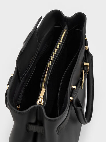 Voyager Leather Belted Trapeze Tote Bag, Black, hi-res