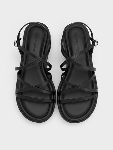 Strappy Ridged-Sole Flatform Sandals, Black, hi-res