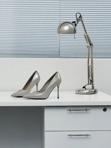 Kyra Leather Pointed-Toe Pumps, Grey, hi-res