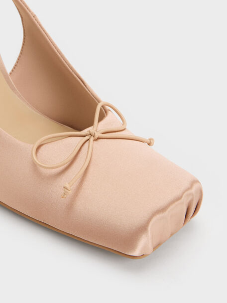 Satin Ruched Stiletto Slingback Pumps, Nude, hi-res