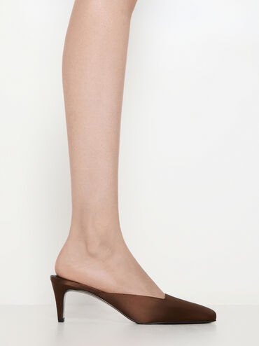 Satin Square-Toe Blade-Heel Mules, Dark Brown, hi-res