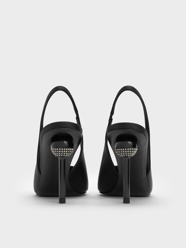 Satin Crystal-Embellished Ball-Heel Pointed-Toe Slingback Pumps, Black Textured, hi-res