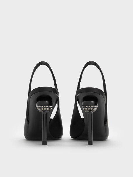 Satin Crystal Ball-Heel Slingback Pumps, Black Textured, hi-res