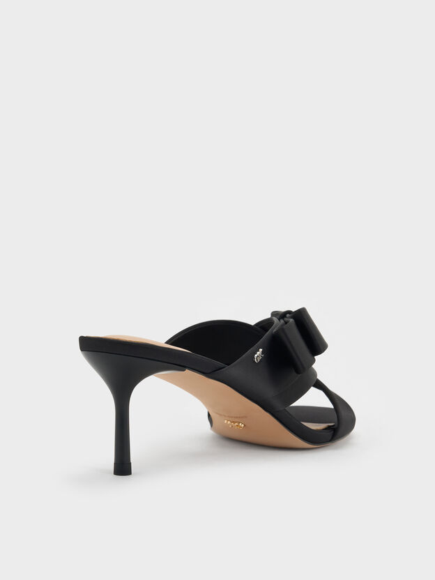 Pleated-Bow Heeled Mules, Black Textured, hi-res