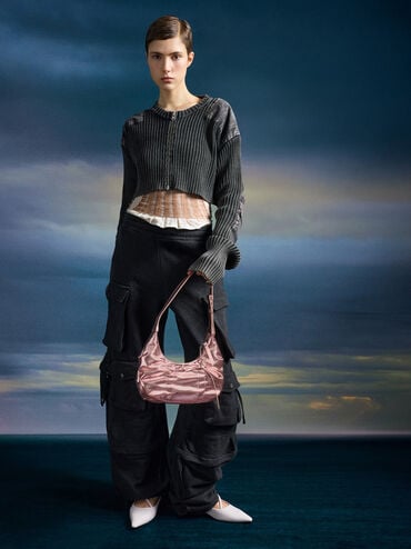 Kadee Metallic Ruched Bow-Charm Hobo Bag, Aura Pink, hi-res