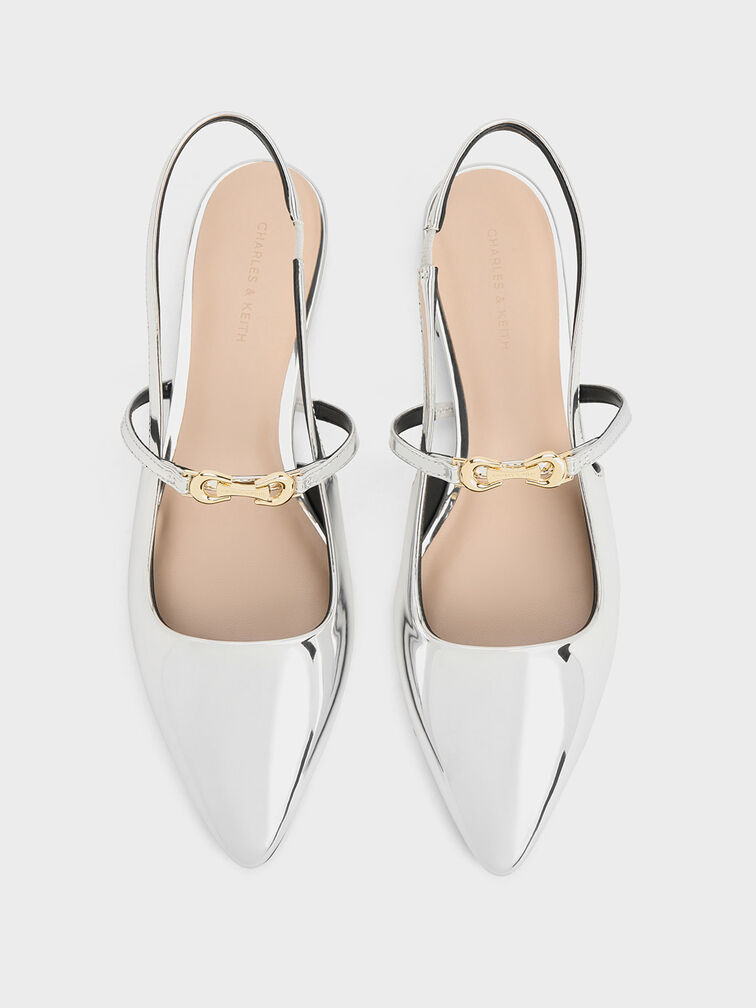 Trifina Metallic-Accent Pointed-Toe Slingback Flats, Silver Trifina Metallic-Accent Pointed-Toe Slingback Flats, Silver, hi-res