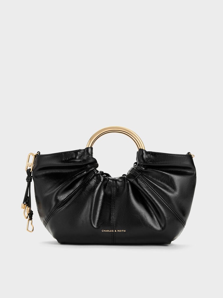 Ciara Ruched Metal Top Handle Bag, Black, hi-res