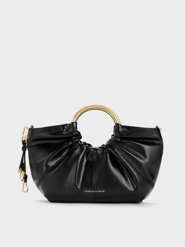 Ciara Ruched Metal Top Handle Bag, Black, hi-res