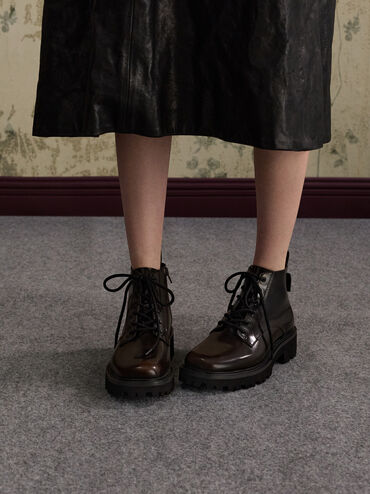 Ridged-Sole Side-Zip Combat Boots, Dark Brown, hi-res