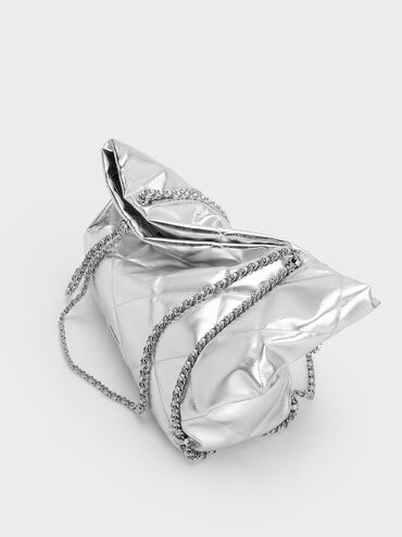 Apfra Metallic Quilted Chain-Embellished Tote Bag, Silver, hi-res