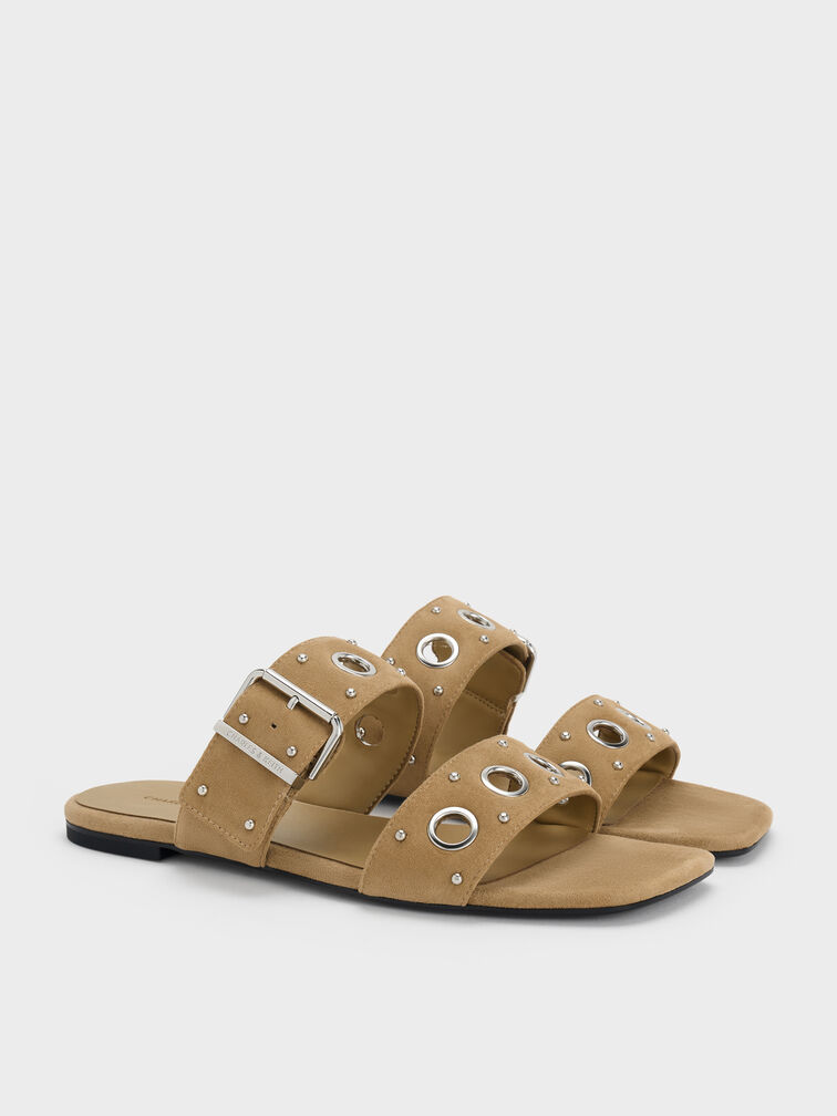 Faux Suede Grommet Buckled Slides, Sand, hi-res