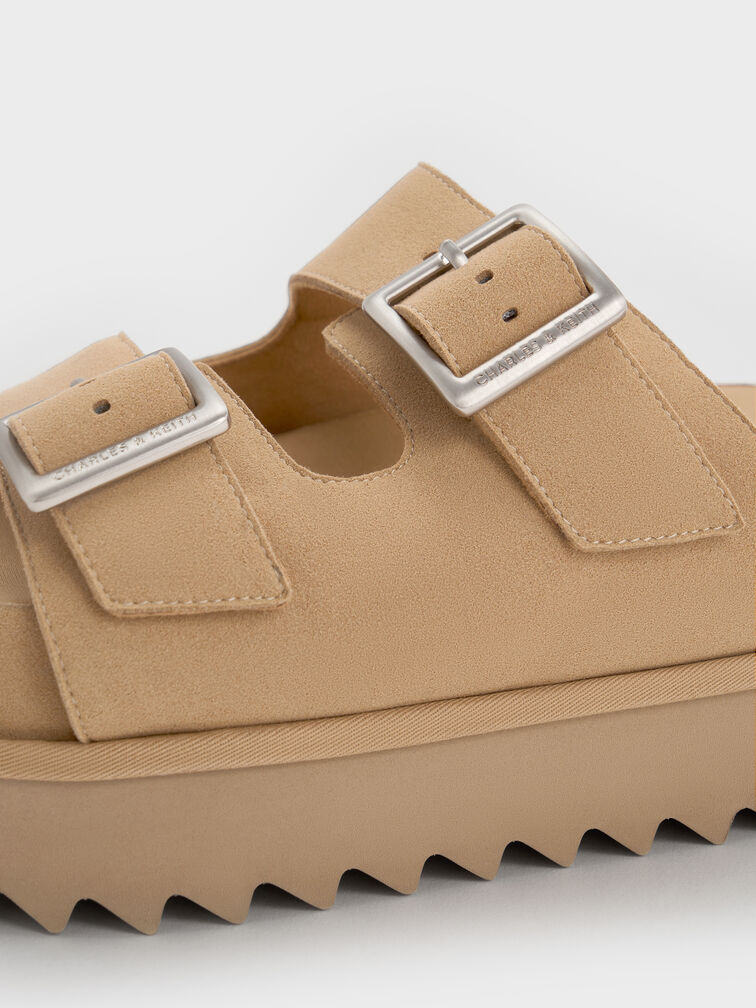 Buckled Double-Strap Flatform Sandals, Beige, hi-res