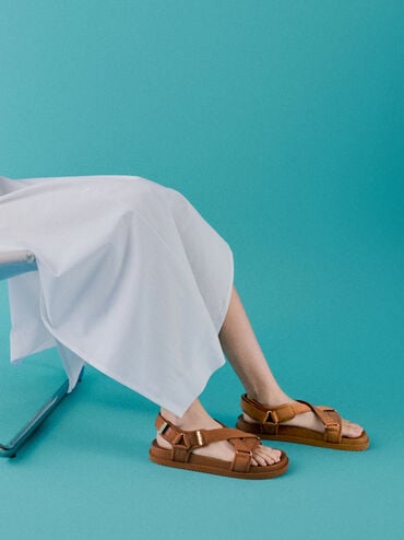 Granta Leather & Fabric Crossover Sports Sandals, Brown, hi-res