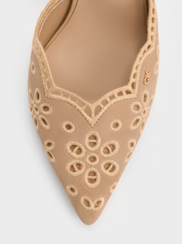 Leather Embroidered Pointed Slingback Pumps, Beige, hi-res