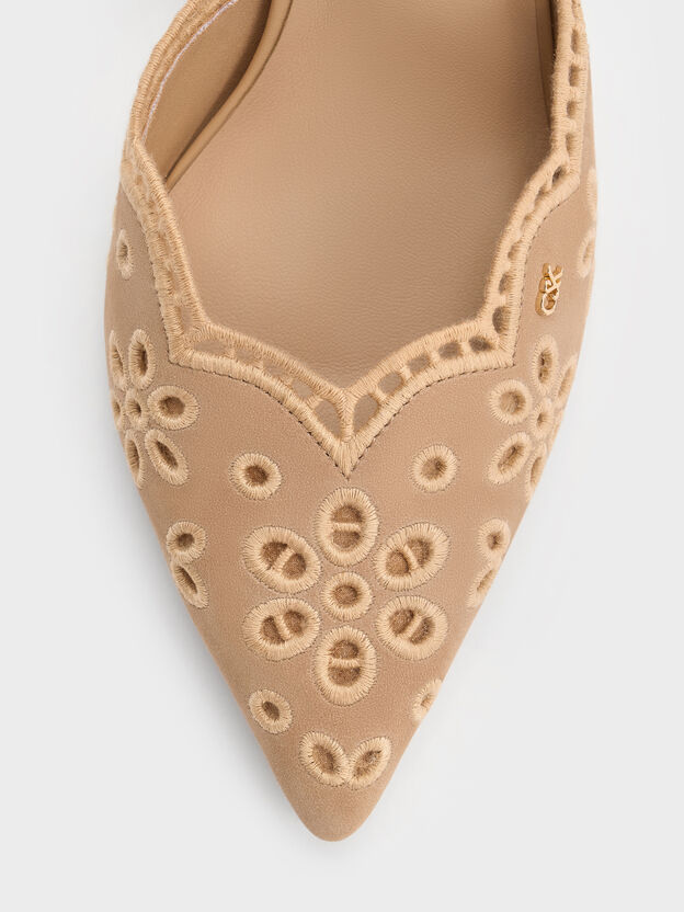 Leather Embroidered Pointed Slingback Pumps, Beige, hi-res