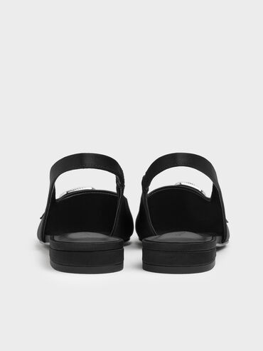 Satin Crystal-Buckle Pointed-Toe Slingback Flats, Black Textured, hi-res