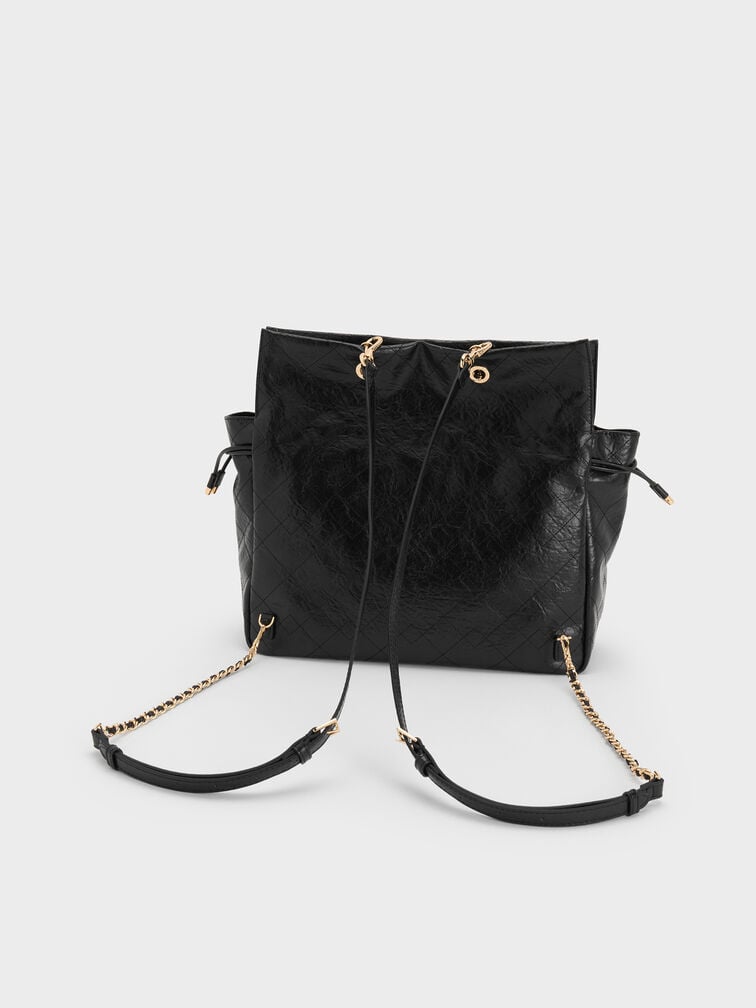 Duo Quilted Braided-Strap Drawstring Two-Way Backpack, Black, hi-res