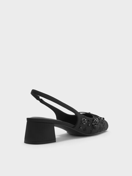Sadira Satin Embroidered Sequinned Slingback Pumps, Black Textured, hi-res