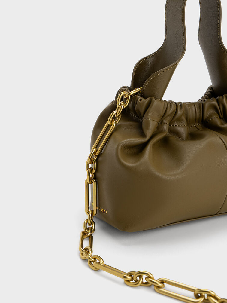 Ally Ruched Chain-Handle Bag, Khaki, hi-res