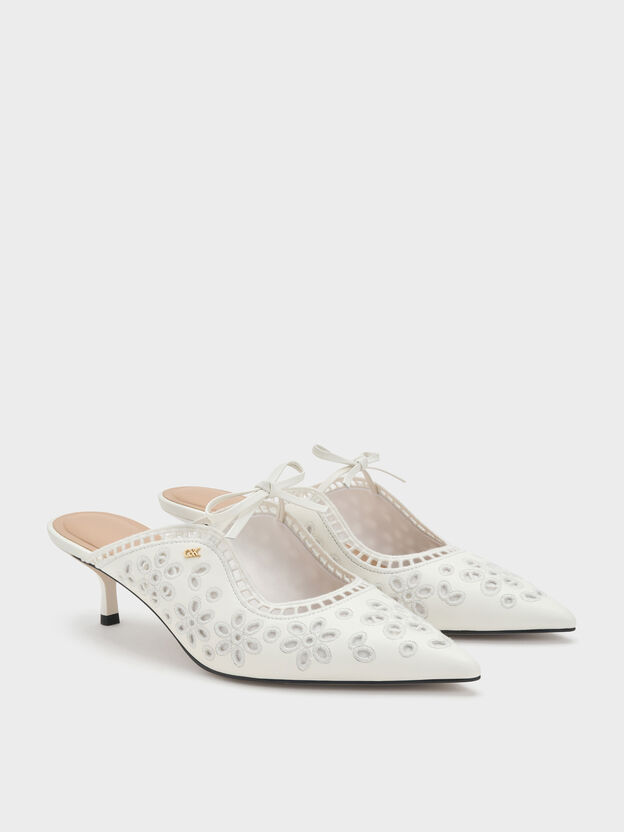 Leather Embroidered Heeled Mules, White, hi-res