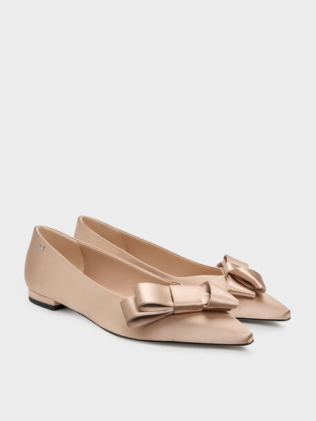 Pleated-Bow Pointed Ballet Flats, Nude, hi-res