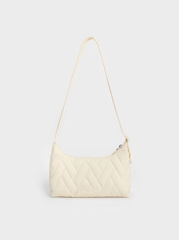 Nylon Chevron Shoulder Bag, Cream, hi-res