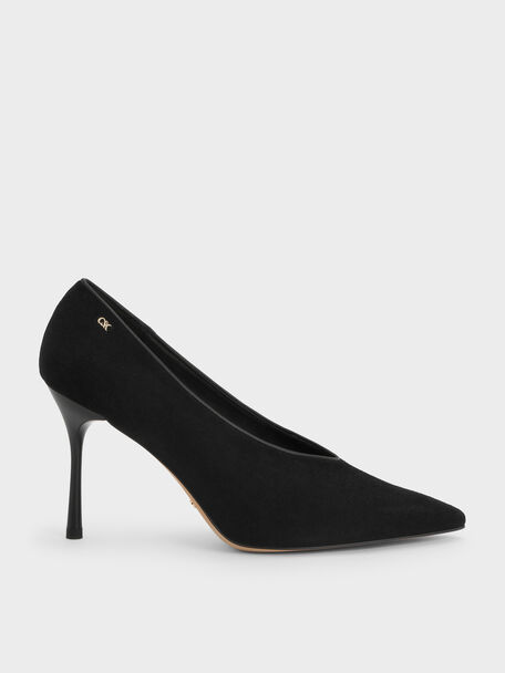 Leather & Suede Pointed Pumps, Black Textured, hi-res