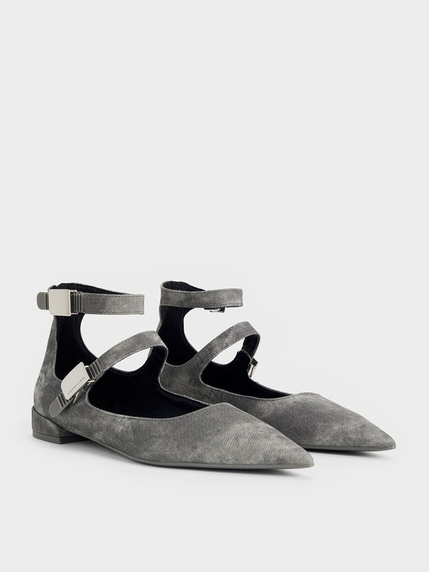 Robbie Denim-Effect Mary Jane Flats, Dark Grey, hi-res