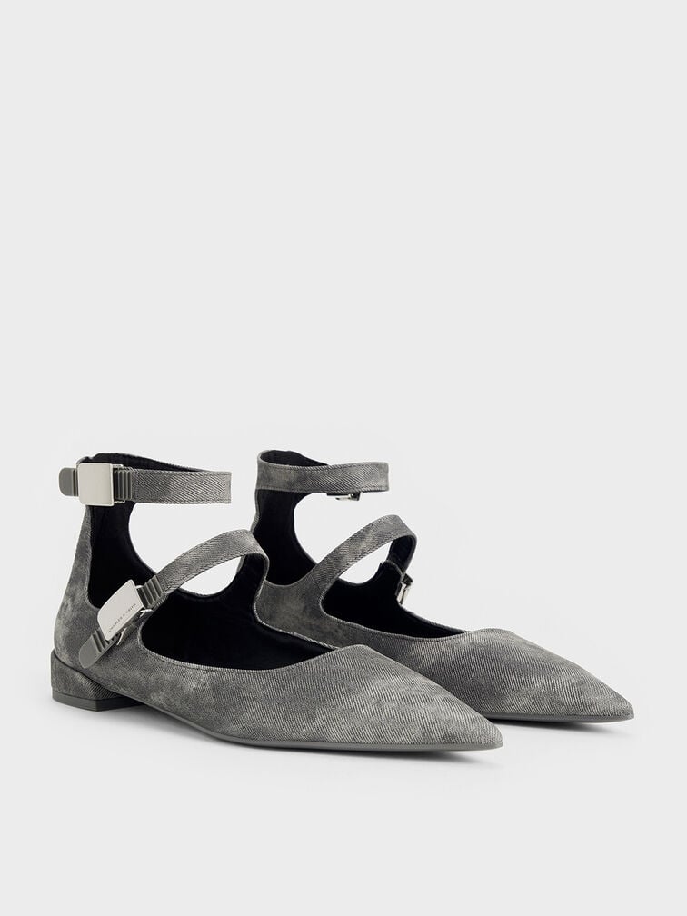 Robbie Denim-Effect Pointed-Toe Mary Jane Flats, Dark Grey Robbie Denim-Effect Pointed-Toe Mary Jane Flats, Dark Grey, hi-res