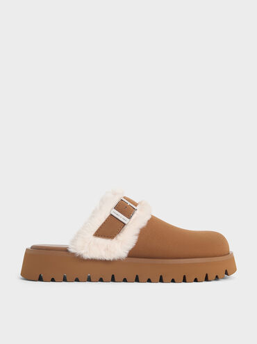 Hannah Textured Fur-Trim Buckled Mules, Brown, hi-res