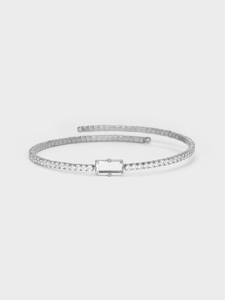 Quincy Crystal Open Bangle, Silver, hi-res