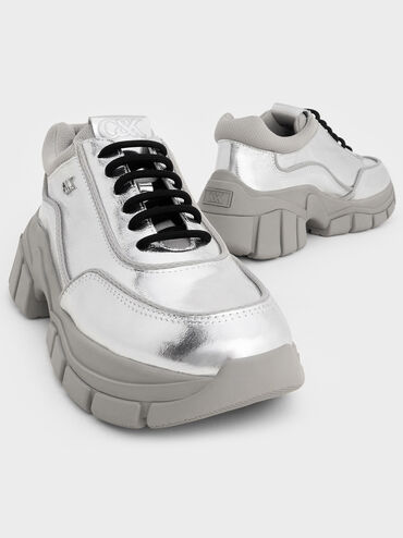 Yunna Metallic Leather & Recycled Fabric Chunky Sneakers, Silver, hi-res