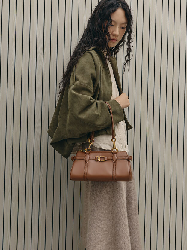 Gwynne Metallic-Accent Elongated Shoulder Bag, Chocolate, hi-res