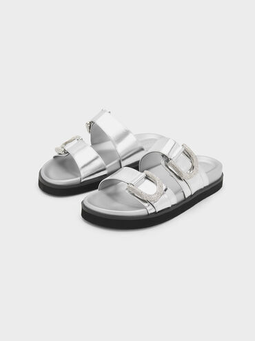 Gabine Crystal-Embellished Buckle Metallic Leather Slides, Silver, hi-res