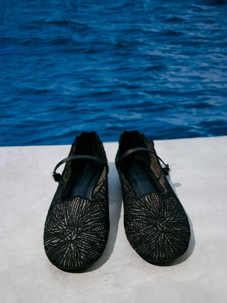 Meja Floral Mary Jane Flats, Black Textured, hi-res