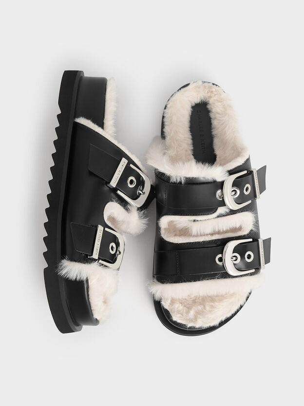 Hannah Furry Buckled Double-Strap Sandals, Black, hi-res
